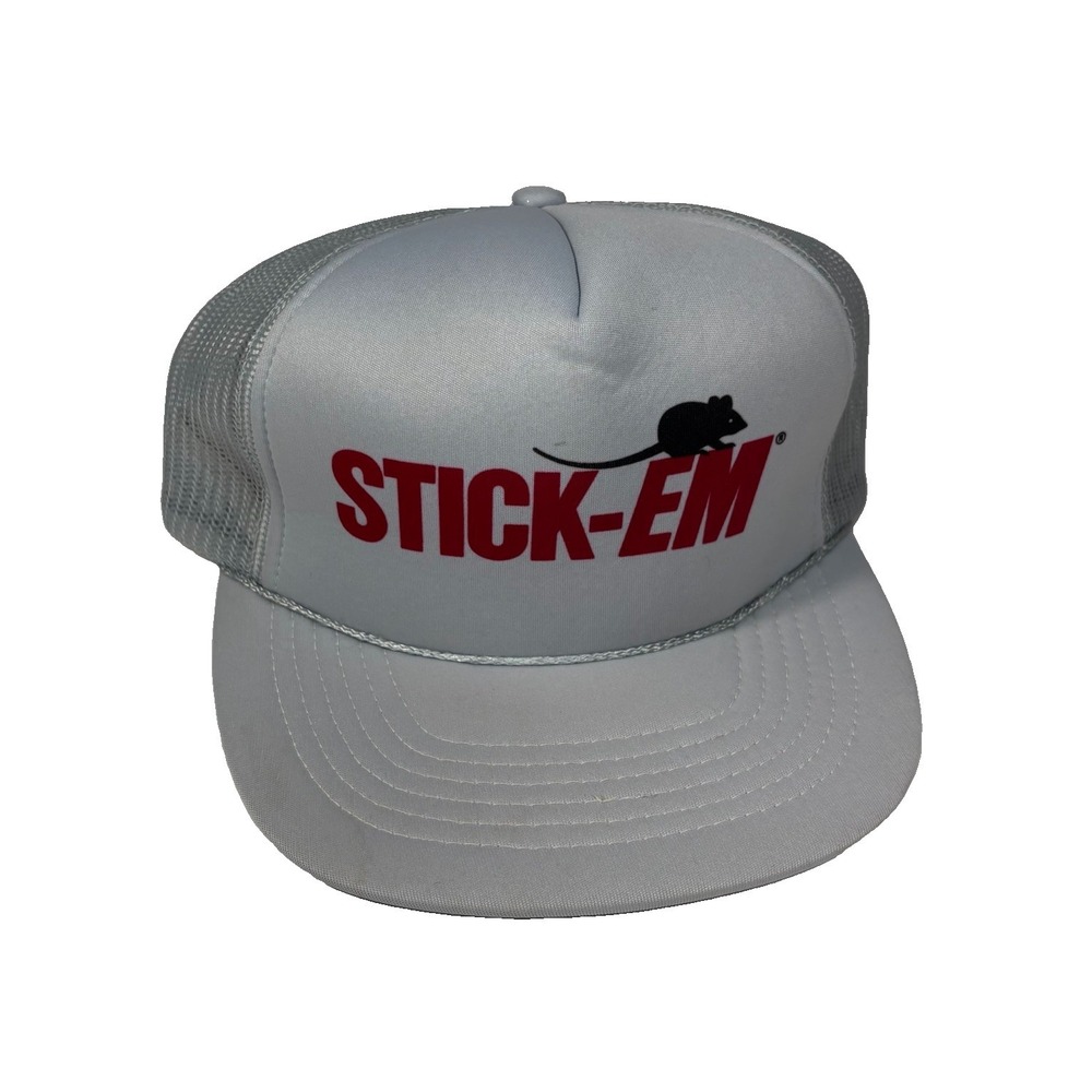 Vintage STICK-EM Rat Mouse Trap Trucker Hat Mesh Snapback Cap Gray Red Retro